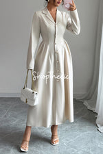 Elegant apricot deep V-neck collared long-sleeved dress