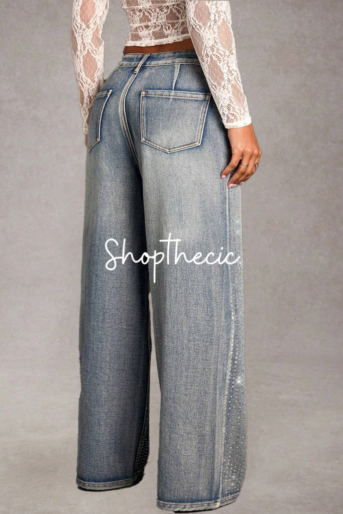 High-waisted front-rhinestone washed wide-leg Jeans