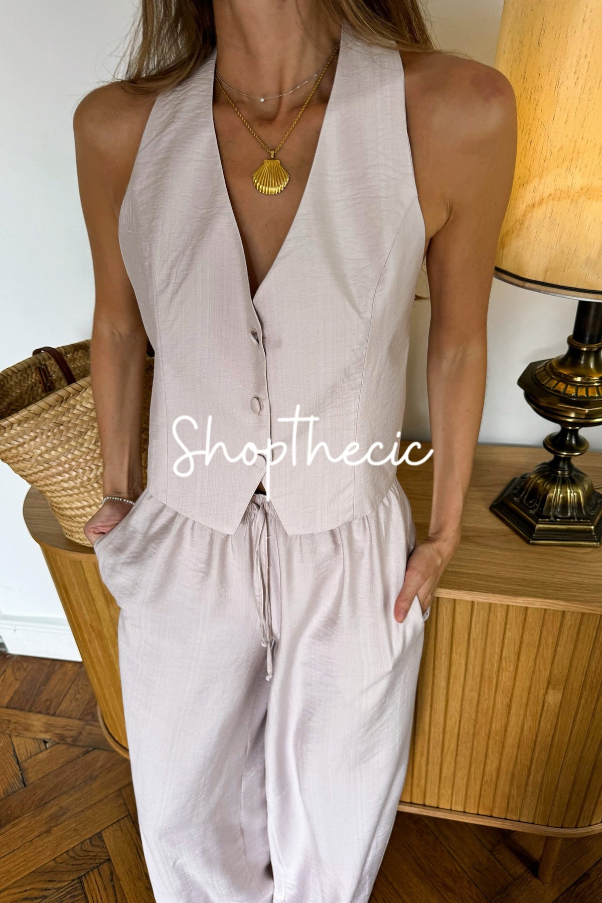 V-neck backless vest and wide-leg pants two-piece set