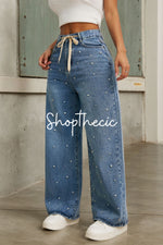 Pearl high-waisted loose-fitting drawstring wide-leg jeans