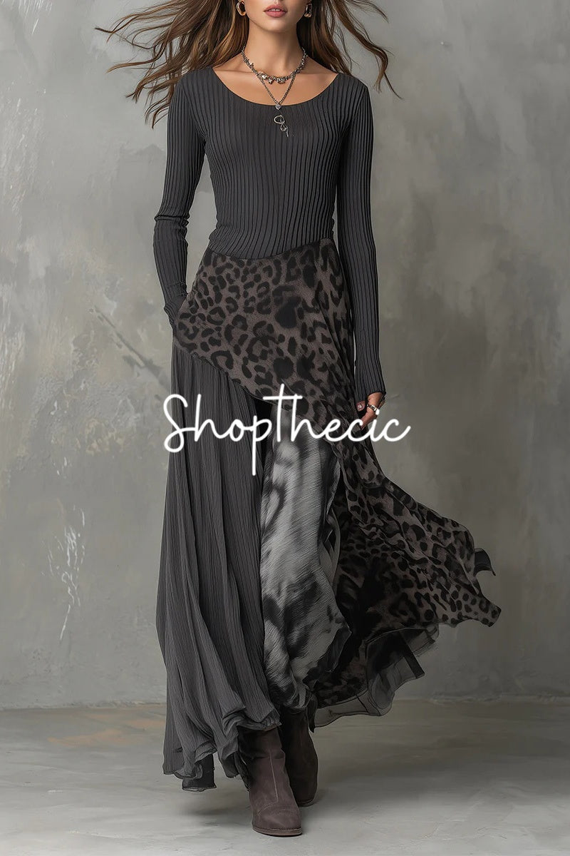 Round neck long sleeves leopard print chiffon hem maxi dress