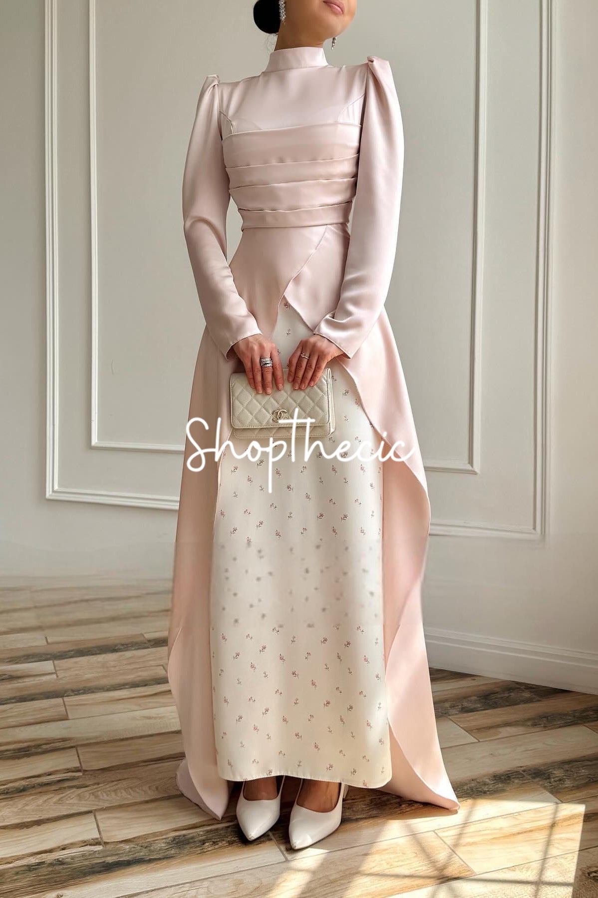 Elegant pink strapless evening gown with train