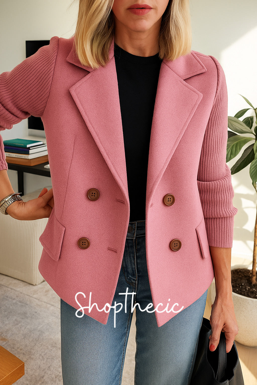 Knitted elastic sleeves patchwork woolen suit jacket
