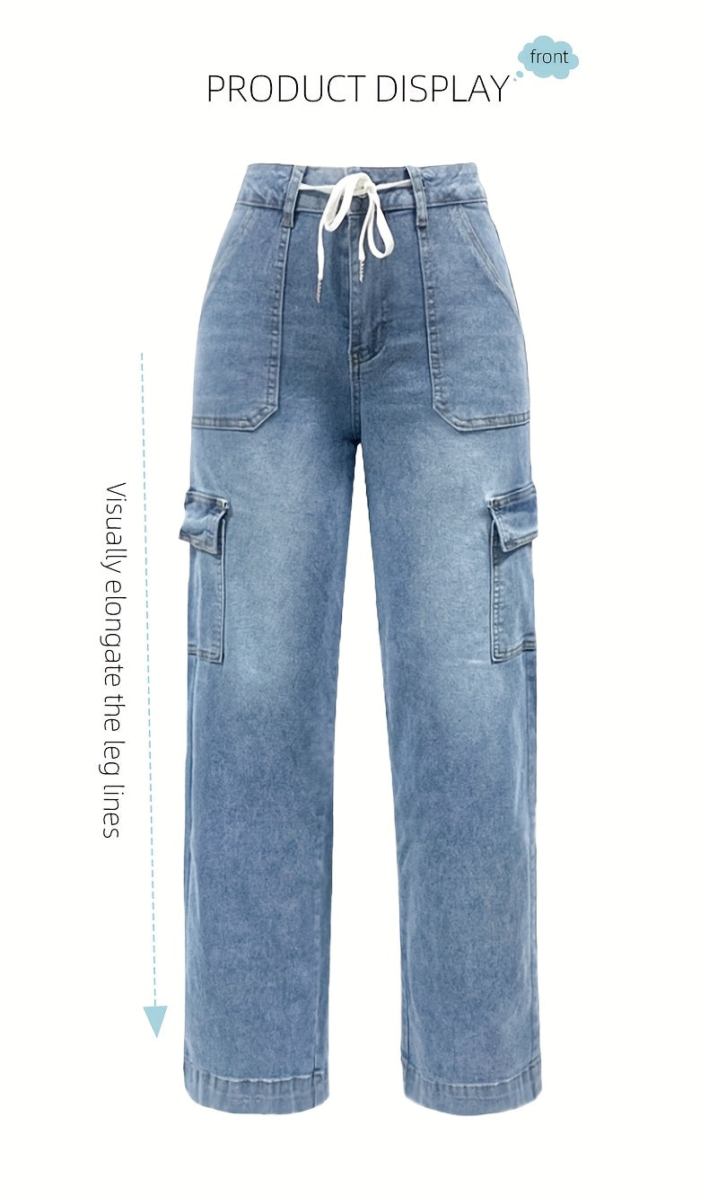 Leisure Straight-leg Jeans With Laces And Multiple Pockets