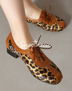 Retro leopard lace-up round toe low-heeled loafers