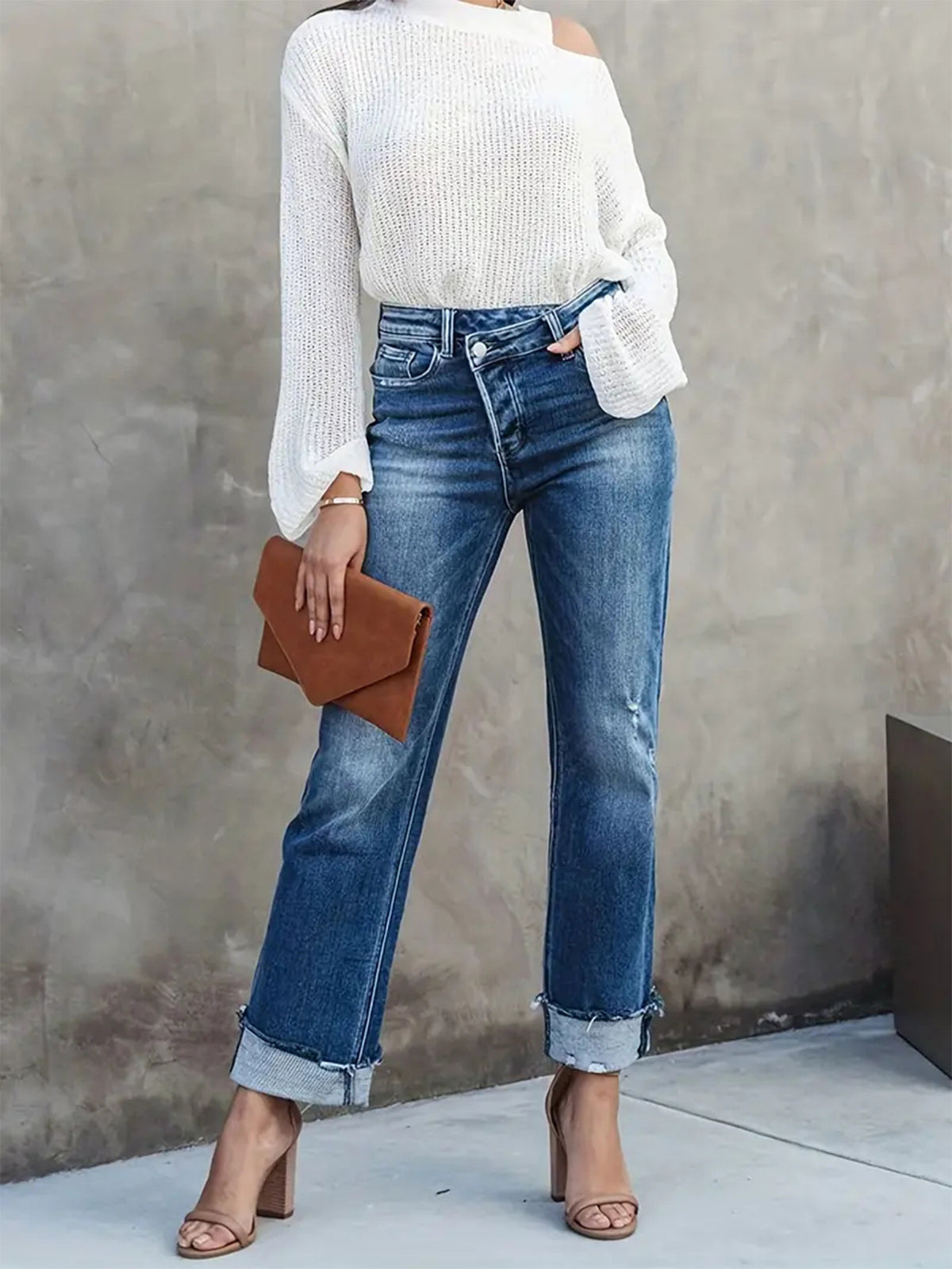 Elegant High Waisted Slim Fit Turn-Cuff Jeans