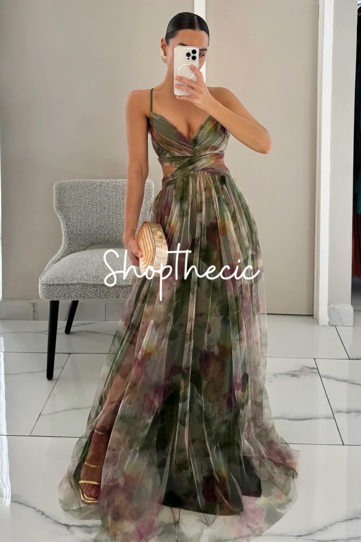 Mesh Printed Spaghetti Strap Vacation Maxi Dress