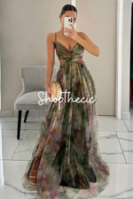 Mesh Printed Spaghetti Strap Vacation Maxi Dress