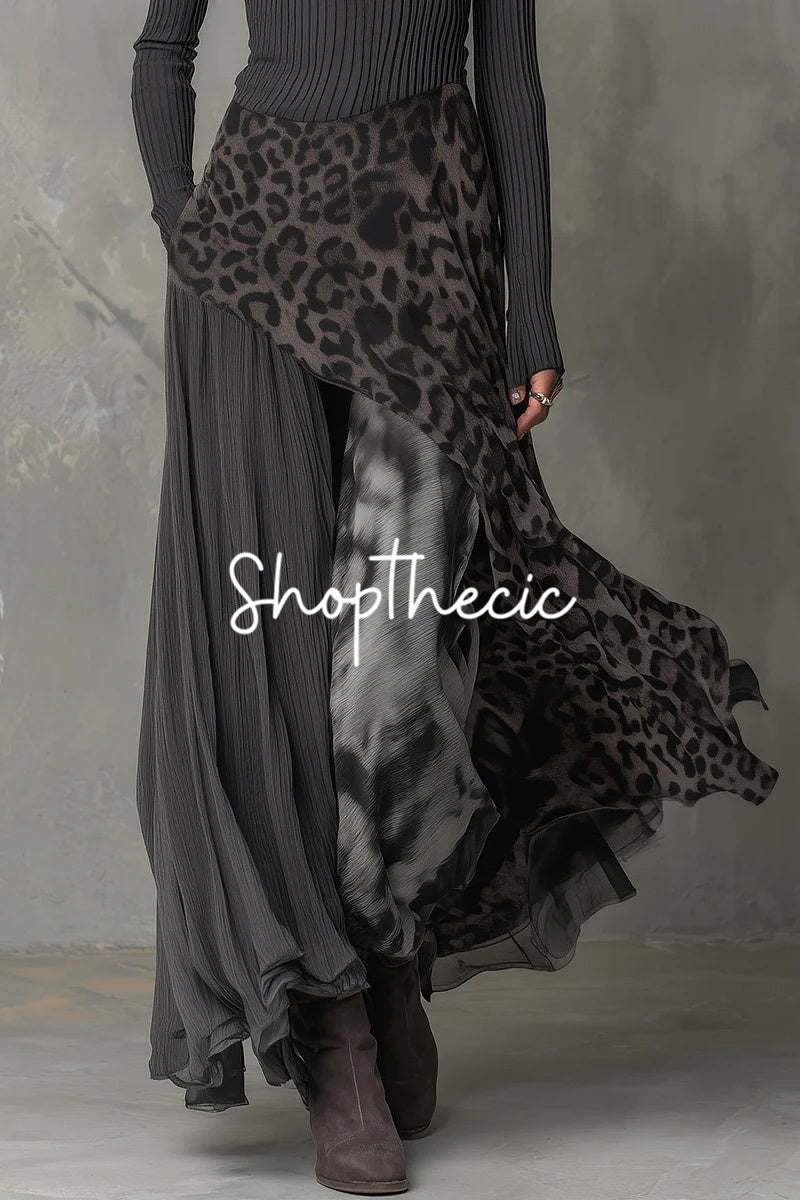 Round neck long sleeves leopard print chiffon hem maxi dress