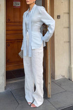 Tie-waist cotton linen blouse with ribbon