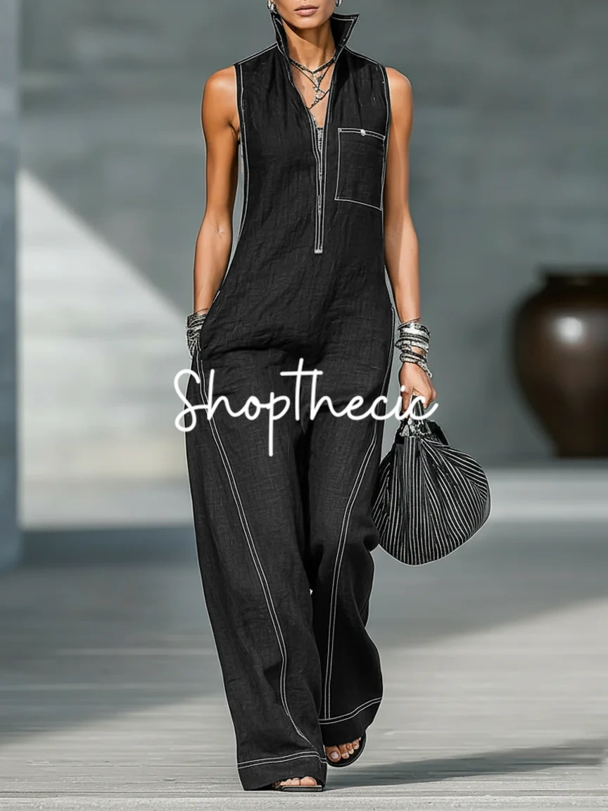 Stand-up collar sleeveless visible stitching cotton linen jumpsuit
