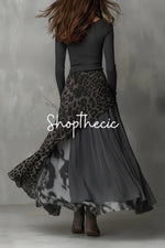 Round neck long sleeves leopard print chiffon hem maxi dress