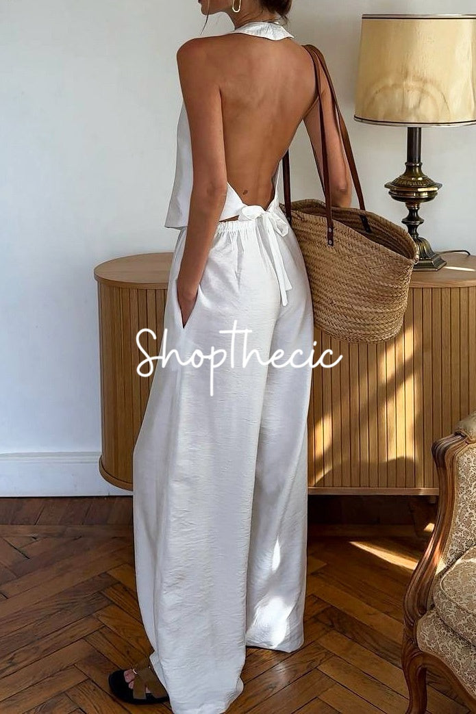 V-neck backless vest and wide-leg pants two-piece set
