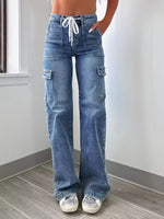 Leisure Straight-leg Jeans With Laces And Multiple Pockets