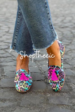 Mocassini casual con nappe e stampa leopardata sfumata arcobaleno