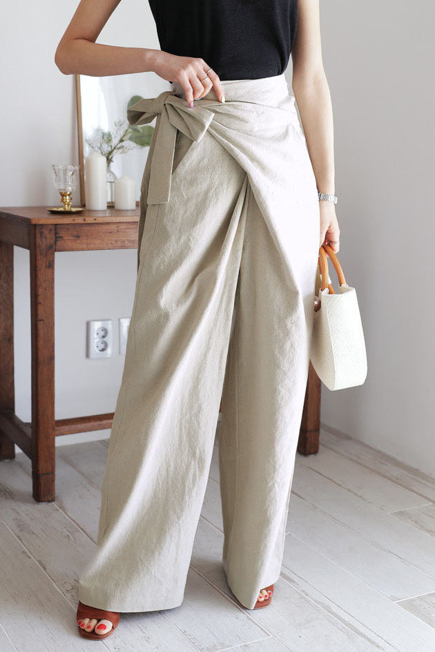 Cotton and Linen Asymmetrical Belt Design Wide-Leg Pants