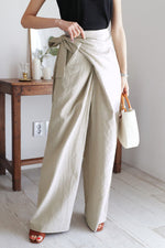Cotton and Linen Asymmetrical Belt Design Wide-Leg Pants