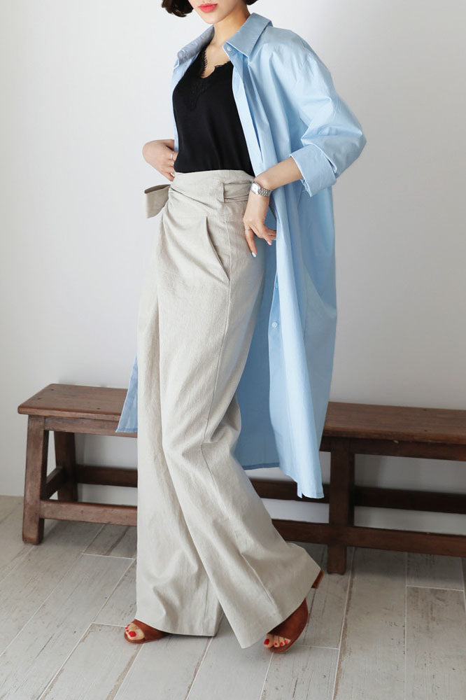 Cotton and Linen Asymmetrical Belt Design Wide-Leg Pants