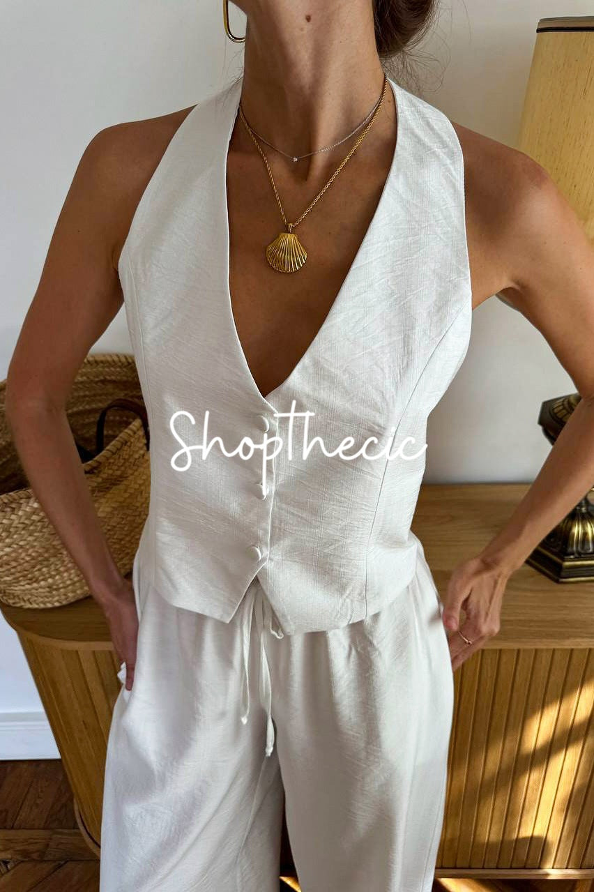 V-neck backless vest and wide-leg pants two-piece set