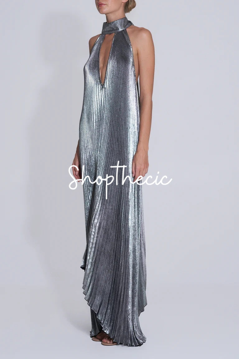 Silver sleeveless backless halter neck dress
