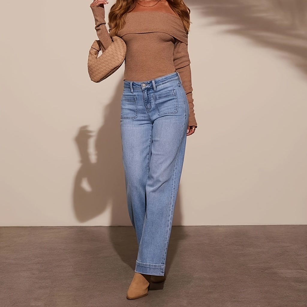 High Waist Straight And Thin Wide Legs Temperament Denim Trousers