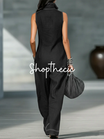 Stand-up collar sleeveless visible stitching cotton linen jumpsuit