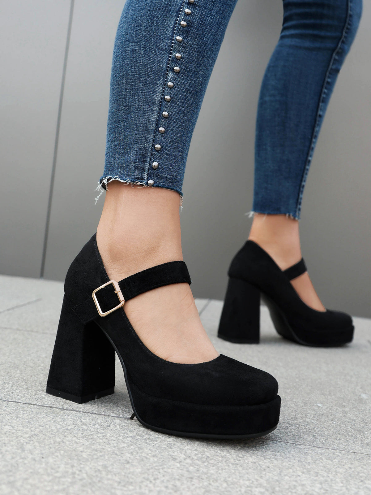 Suede Waterproof Platform Chunky Heel Square-toe Pumps