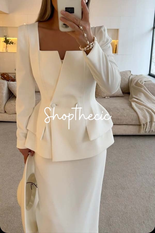 Square neckline fitted waist blazer and skirt two-piece set
