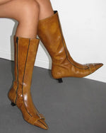 Genuine leather vintage belt buckle Chunky heel pointed toe side zipper boots