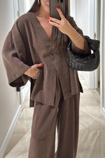 V-neck one-button loose long-sleeved top and high-waisted trousers two-piece set