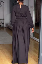 Round neck long-sleeved top elastic waist pleated skirt two-piece set