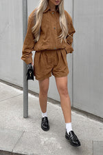 Vintage loose brown suede lapel jacket and shorts two-piece set