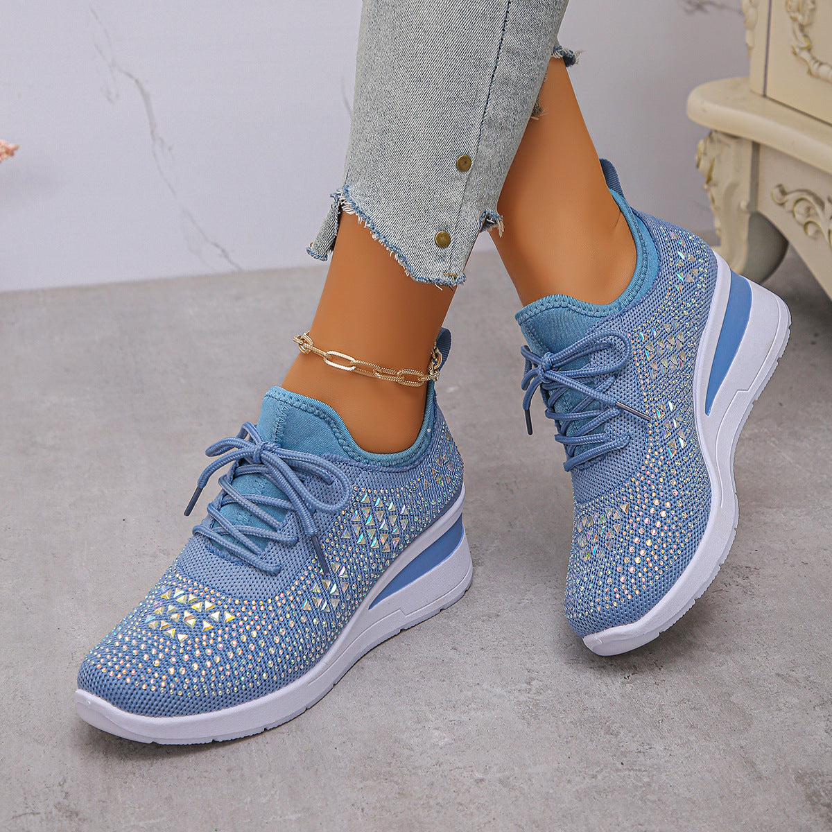 Rhinestones Woven Upper Hidden Heel lightweight walking shoes