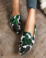 Pointed-toe Fringe Leopard Contrast Mules
