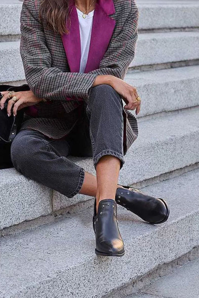 Metal five-star embellished low-heeled ankle boots