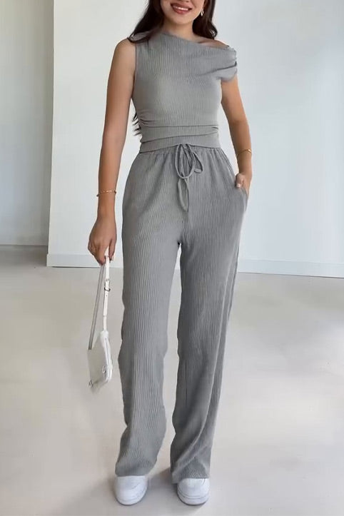 Sleeveless slant collar vest top loose straight pants two-piece set
