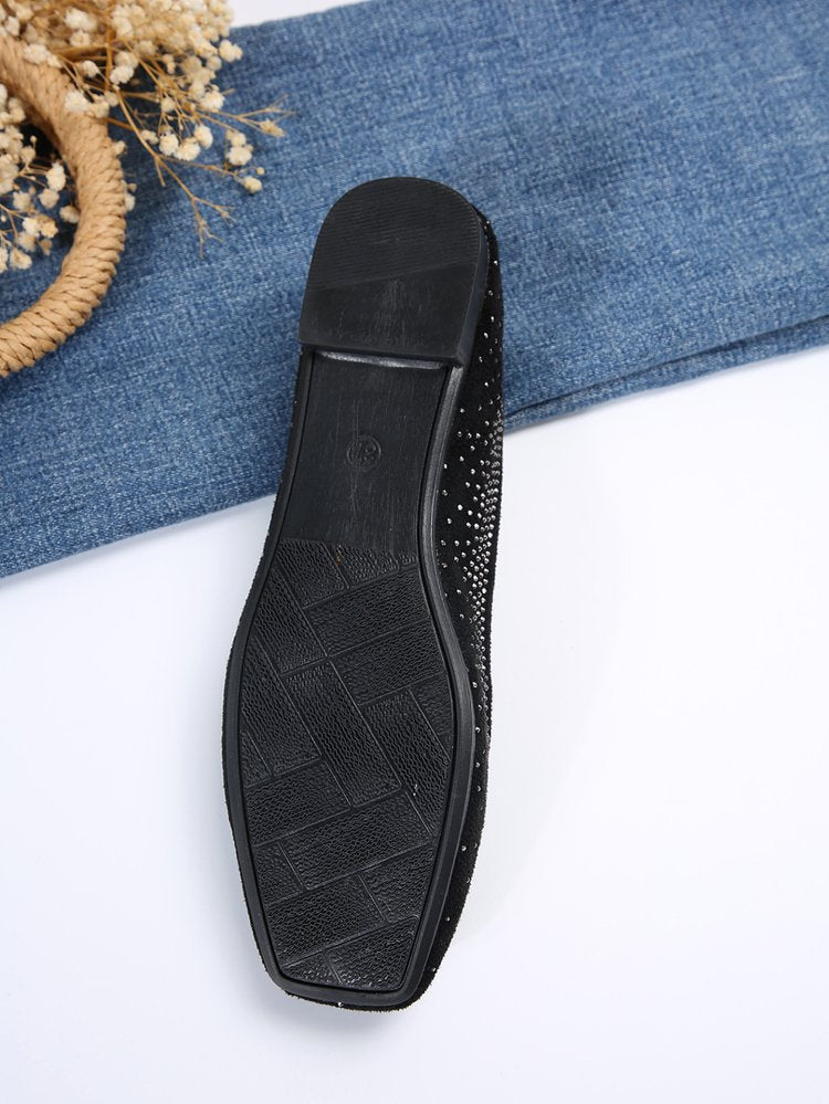 Diamond-studded black matte round-toe flat shoes