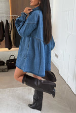 Button-Down Lantern Sleeve Denim Shirt Dress