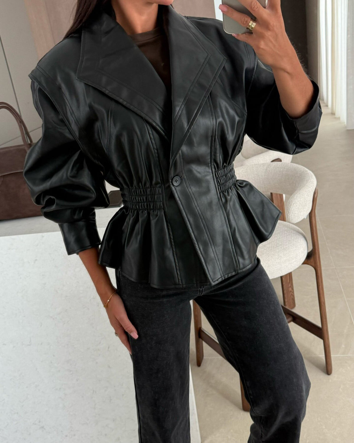 Classic lapel waist cropped PU jacket