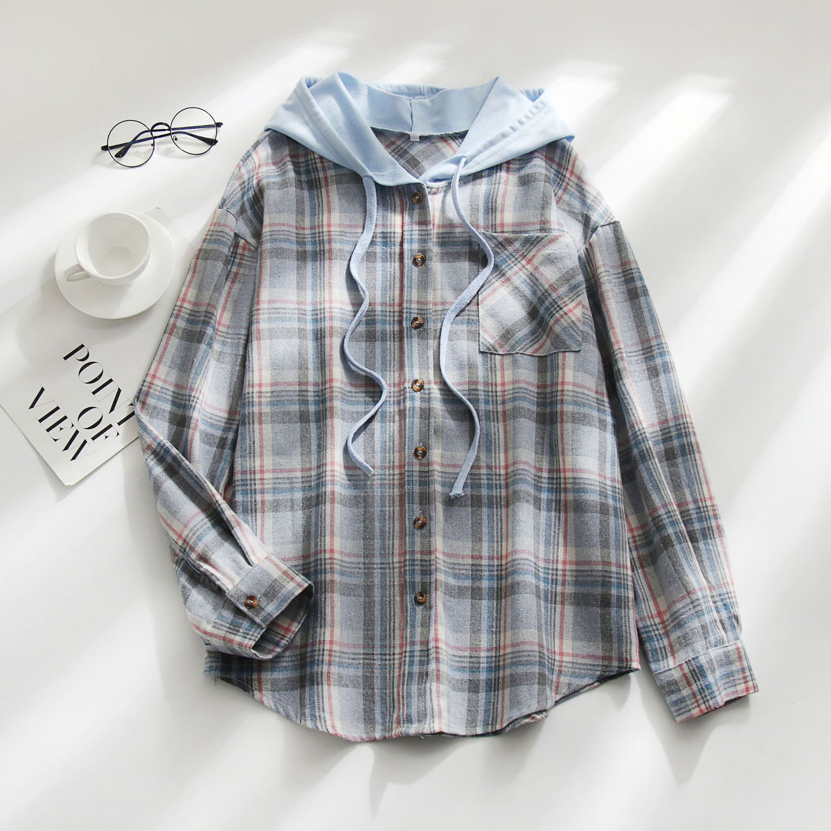 Casual Long Sleeve Drawstring Plaid Print Hooded Shirt