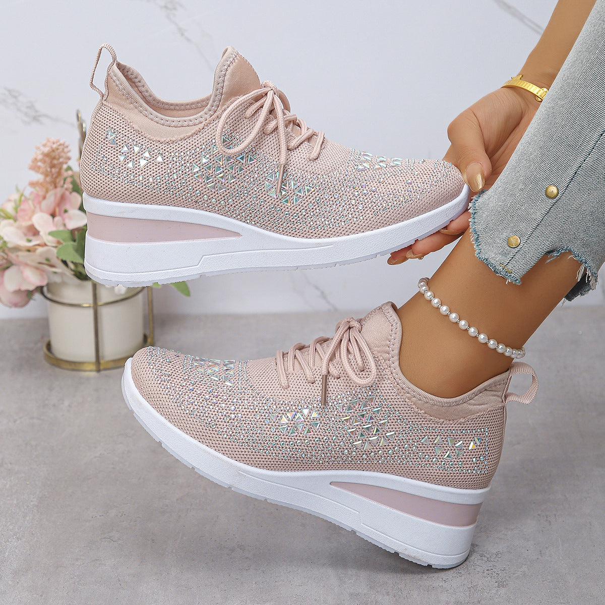 Rhinestones Woven Upper Hidden Heel lightweight walking shoes