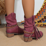 Bottes mi-mollet à pampilles plissées et talon épais