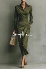 Chic military green fitted shirt maxi dress