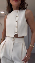 Sleeveless Button-Down Vest Top High-Waisted Cropped Pants Two-Piece Set