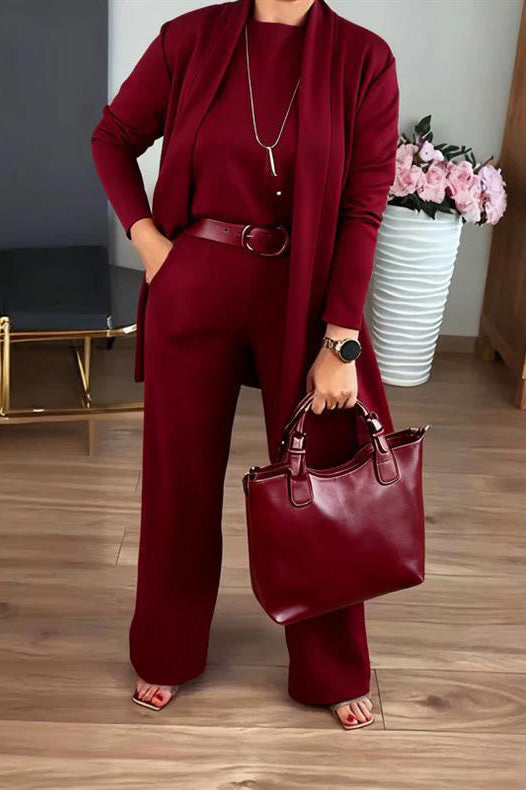 Solid color crew neck short-sleeved shirt, trousers and mid-length coat three-piece set