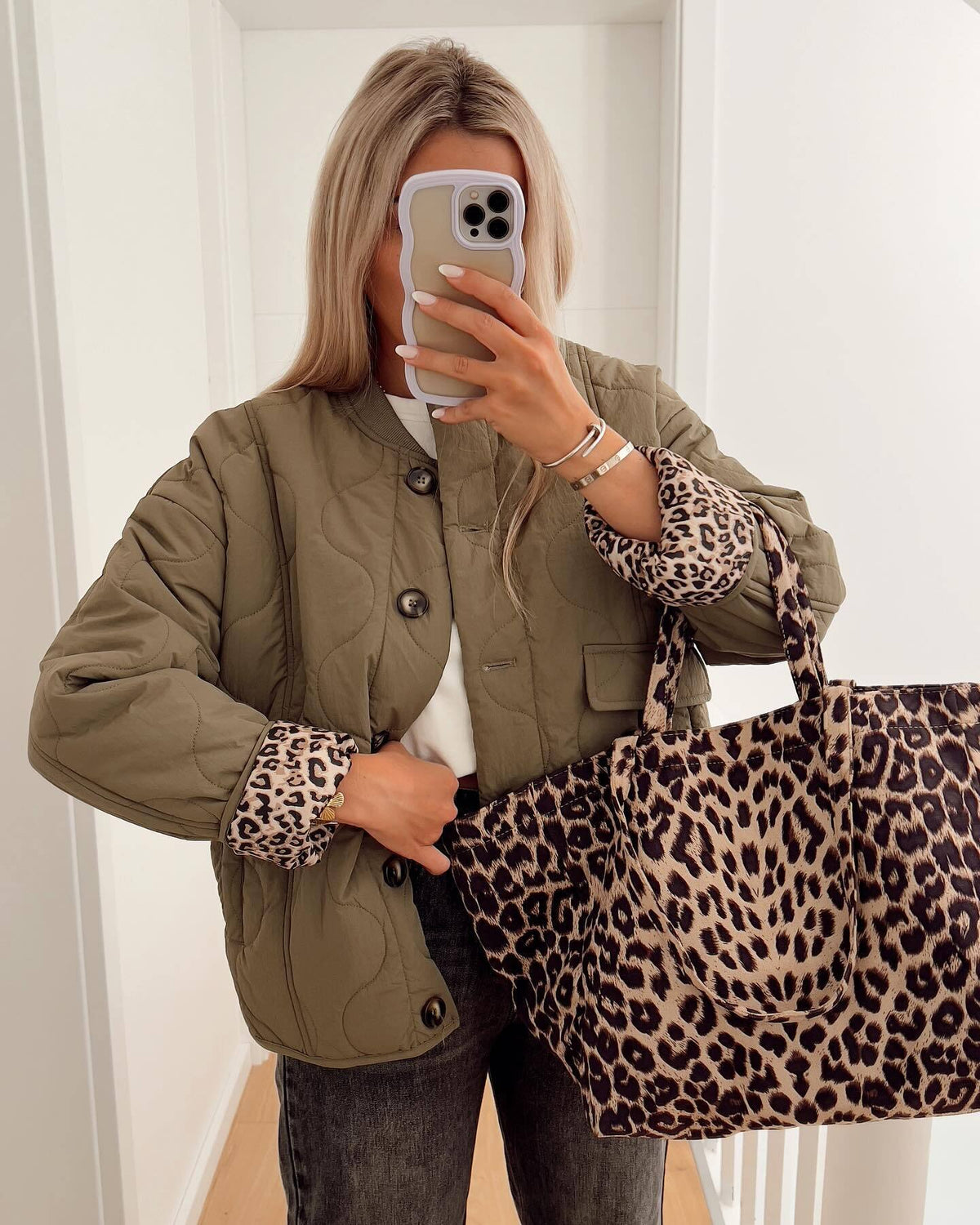 Leopard lining quilted buttons padded jacket