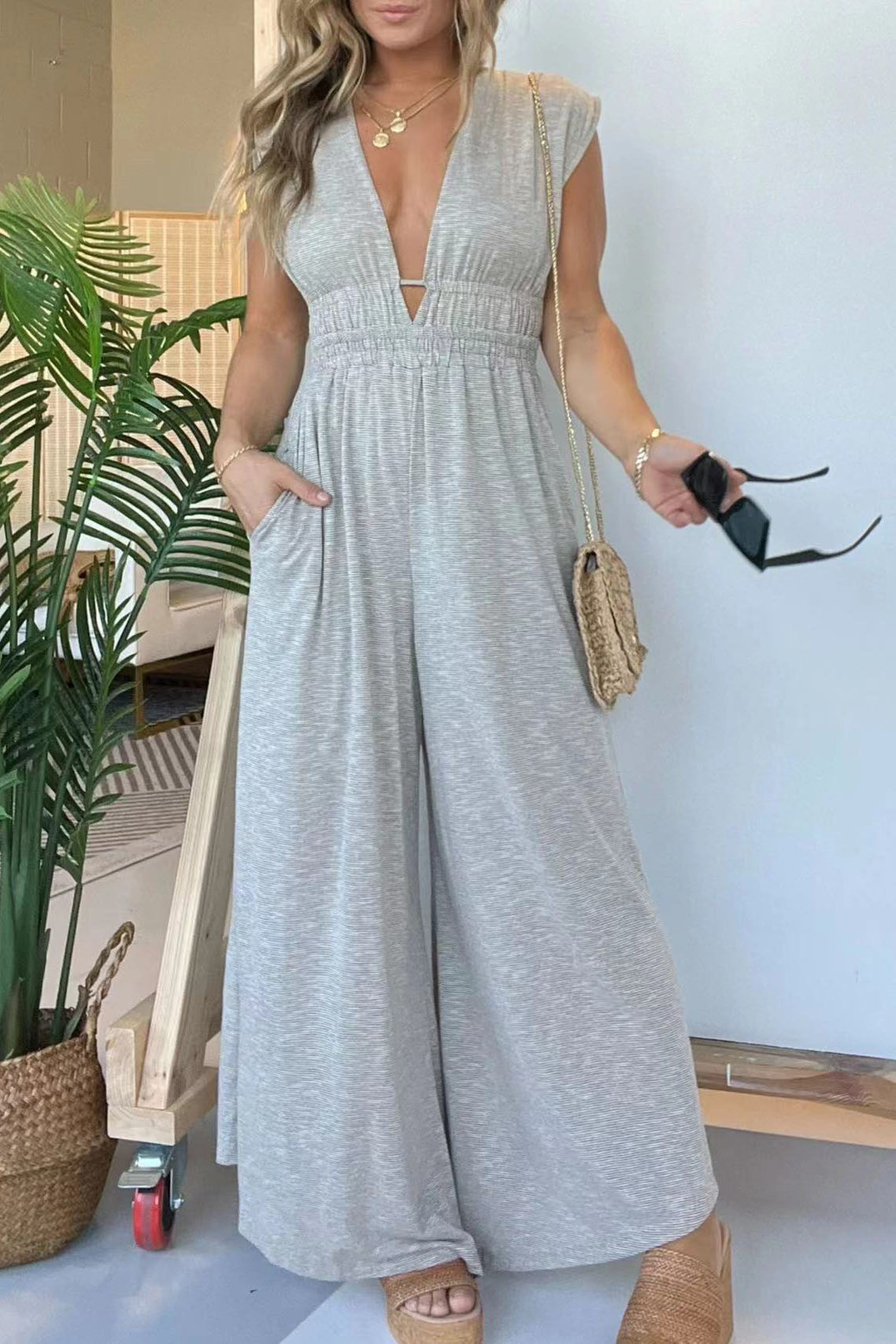 V-neck Elastic Waist Wide Leg Jumpsuit