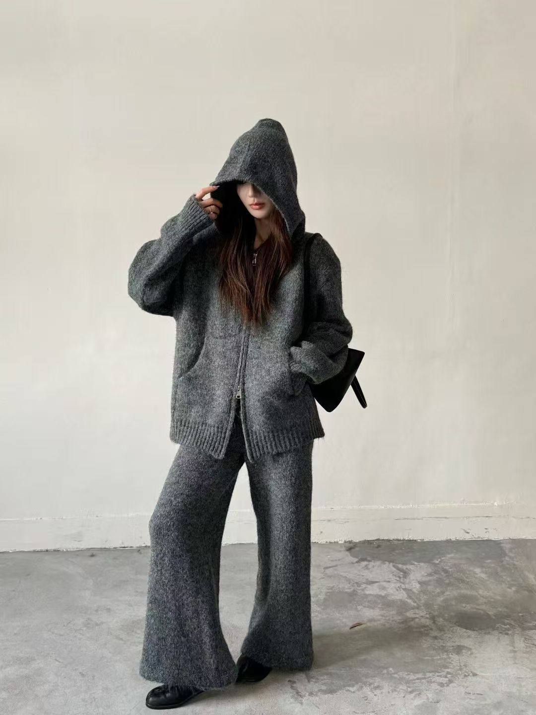 Loose Thickened Knit Hooded Zipper Cardigan Wide-Leg Pants Two-Piece Set