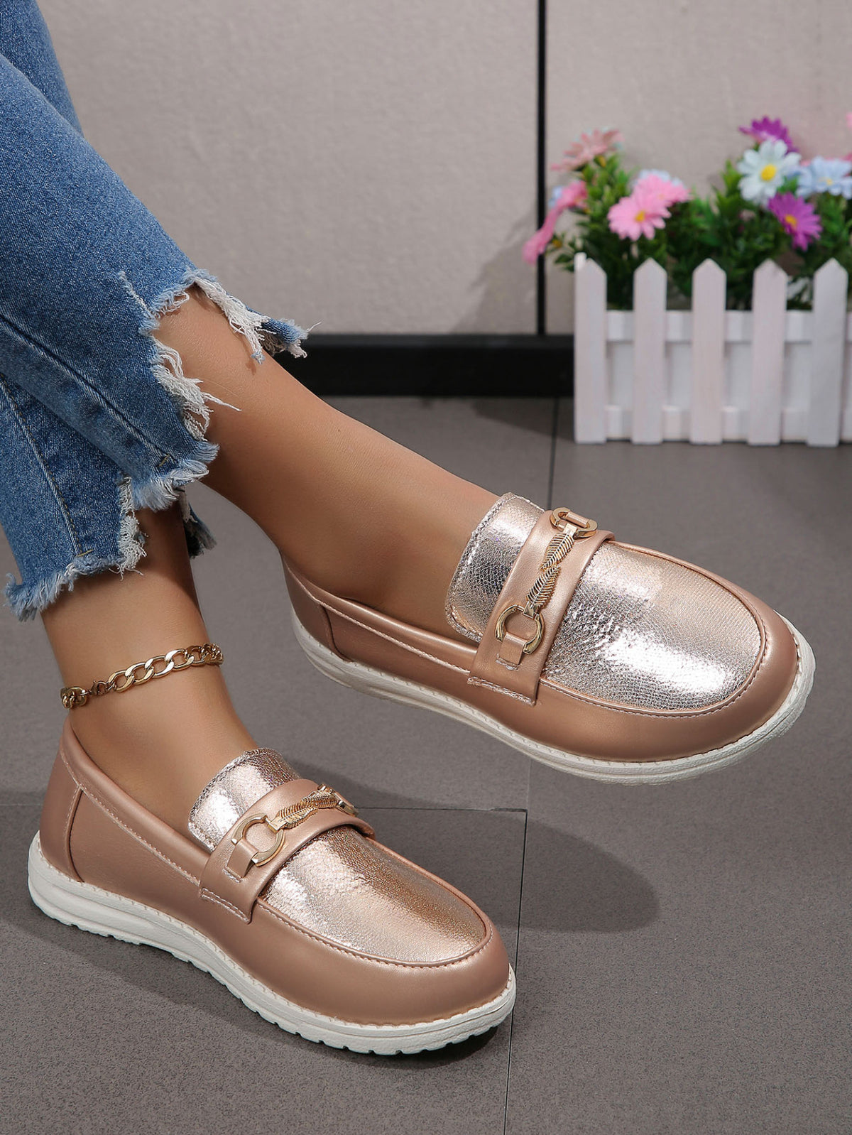 Champagne Leaf-Shaped Metallic Buckle Flat Loafers