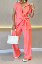 Tie-waist short-sleeved shirt and high-waisted pants two-piece set